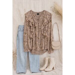 Bardot Floral Ruffle Blouse Lace Up Romantic Cottagecore Boho Taupe Size Large